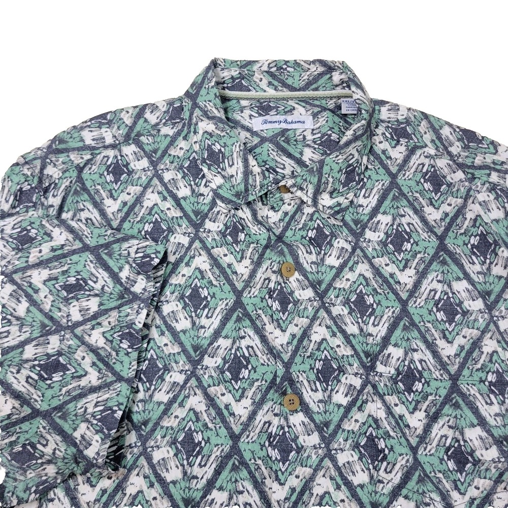 Tommy Bahama Silk Cotton Blend Mens 2XL Green Diamond Button Up Hawaiian Shirt‎
